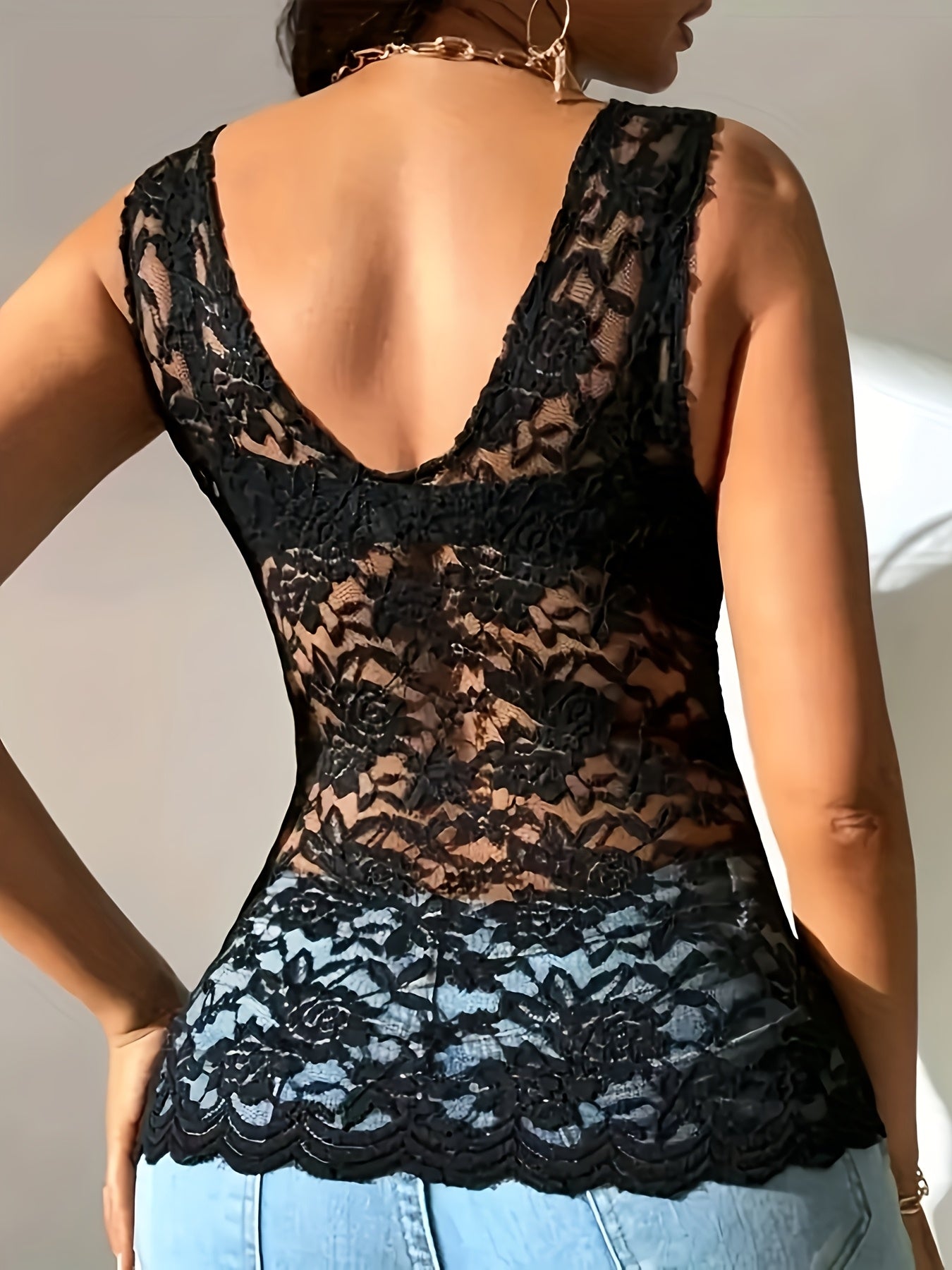 V-Neck Fashionable Lace Top for Women - Polyester, Sexy Style, Solid Color, Spring/Summer/Fall, Contrast Lace, Knit Fabric, Fabric Weight 140 g/m²